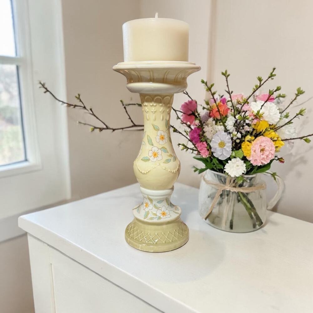 Tracy Porter Hand Painted Floral Ceramic Candlestick Holder 13" Yellow Vintage